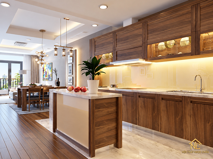 Thi công tủ bếp gỗ óc chó