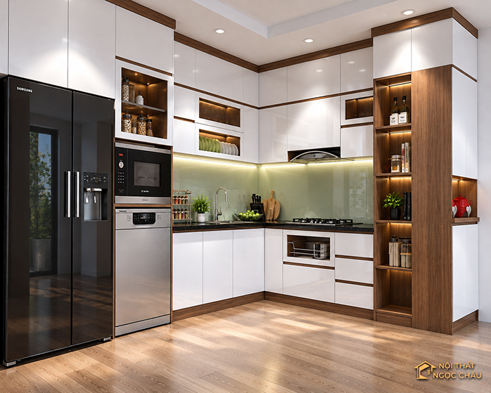 Tủ bếp nhựa Acrylic kết hợp tủ giày cho căn hộ Vinhomes Ocean Park