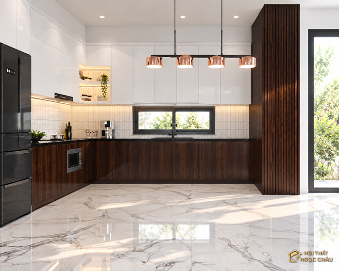 Tủ bếp nhựa Acrylic vân gỗ – Không gian bếp hiện đại và ấm áp