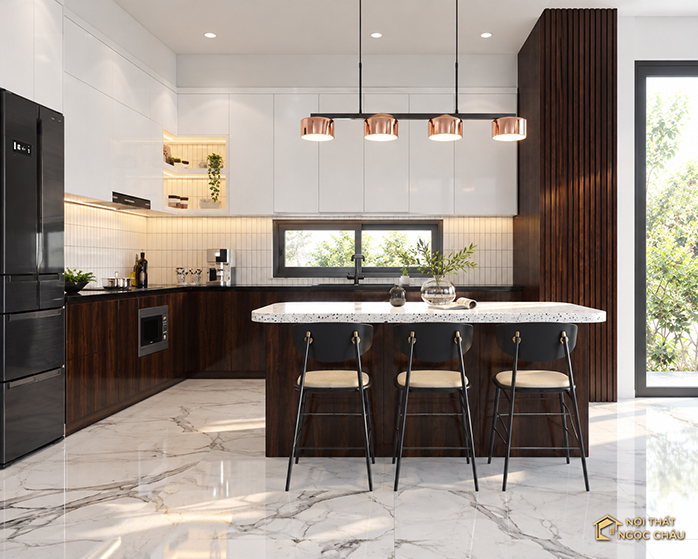 Tủ bếp nhựa Acrylic vân gỗ – Không gian bếp hiện đại và ấm áp