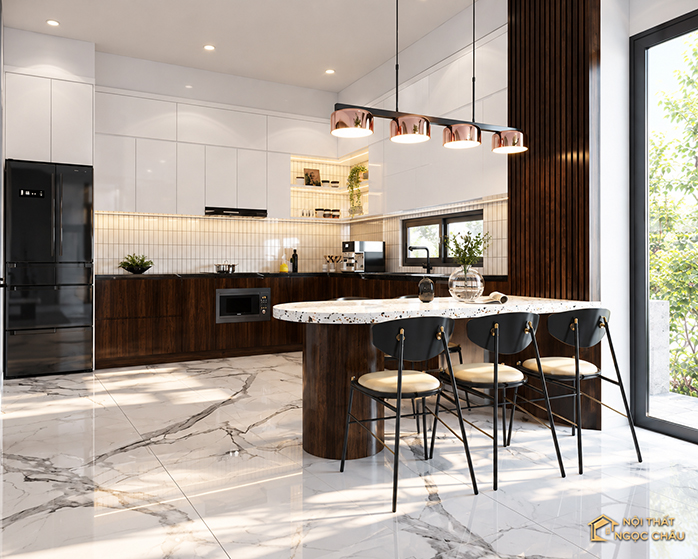 Tủ bếp nhựa Acrylic vân gỗ – Không gian bếp hiện đại và ấm áp
