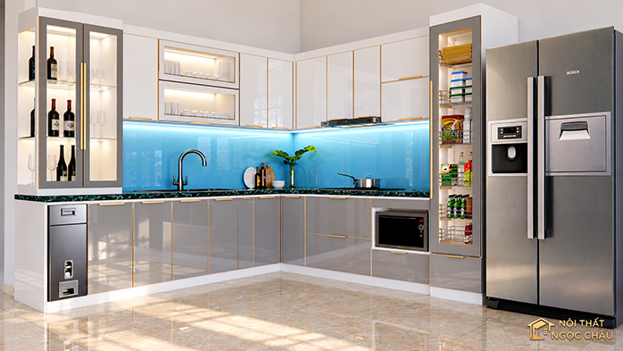 Mẫu tủ bếp chữ L cánh kính tại Ngọc Châu