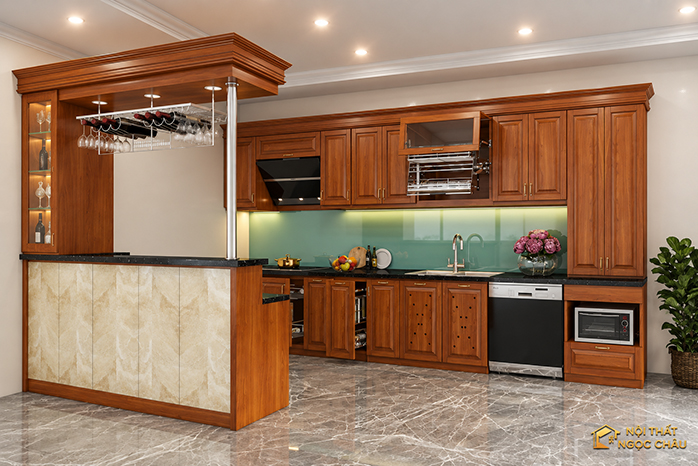 Tủ bếp gõ đỏ kết hợp quầy ba