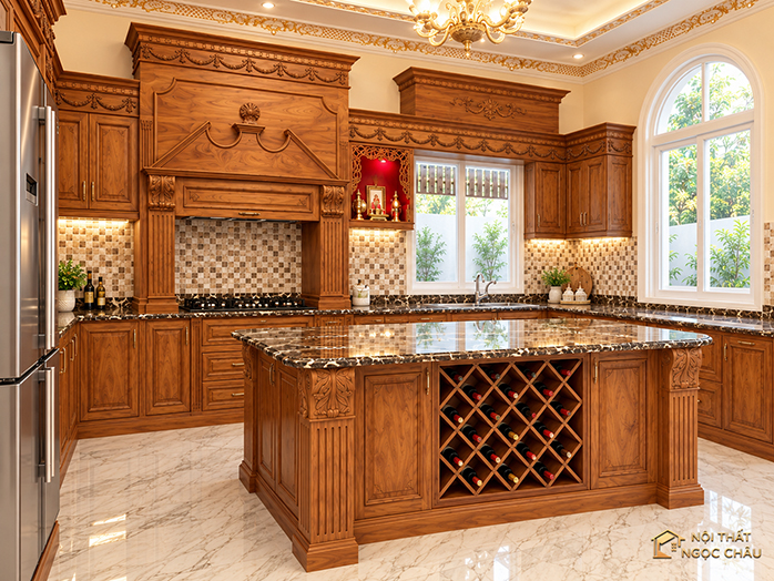 Tủ bếp Gõ đỏ -tân cổ điển