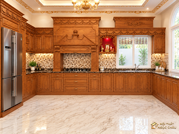 Tủ bếp Gõ đỏ -tân cổ điển