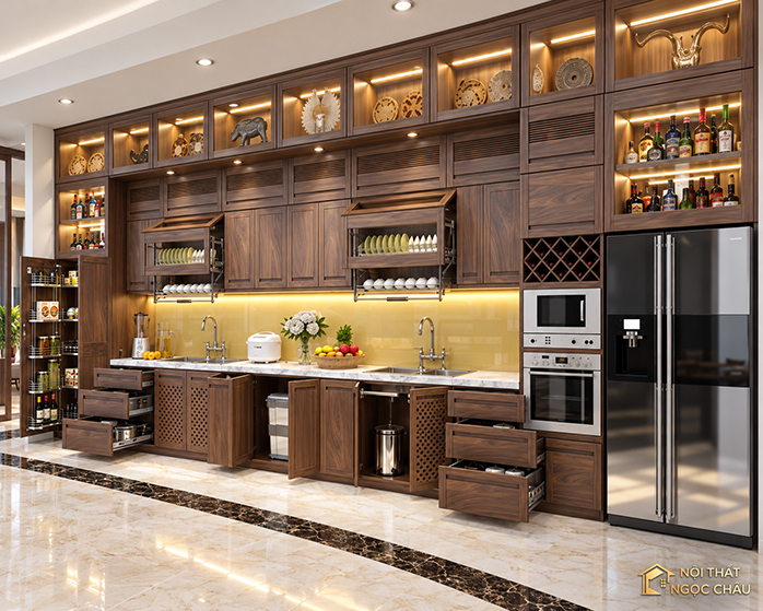 Tủ bếp gỗ Óc Chó Hiện Đại