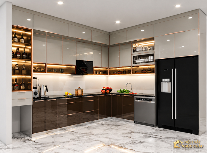 Tủ bếp dưới inox 304, thùng trên Melamine 