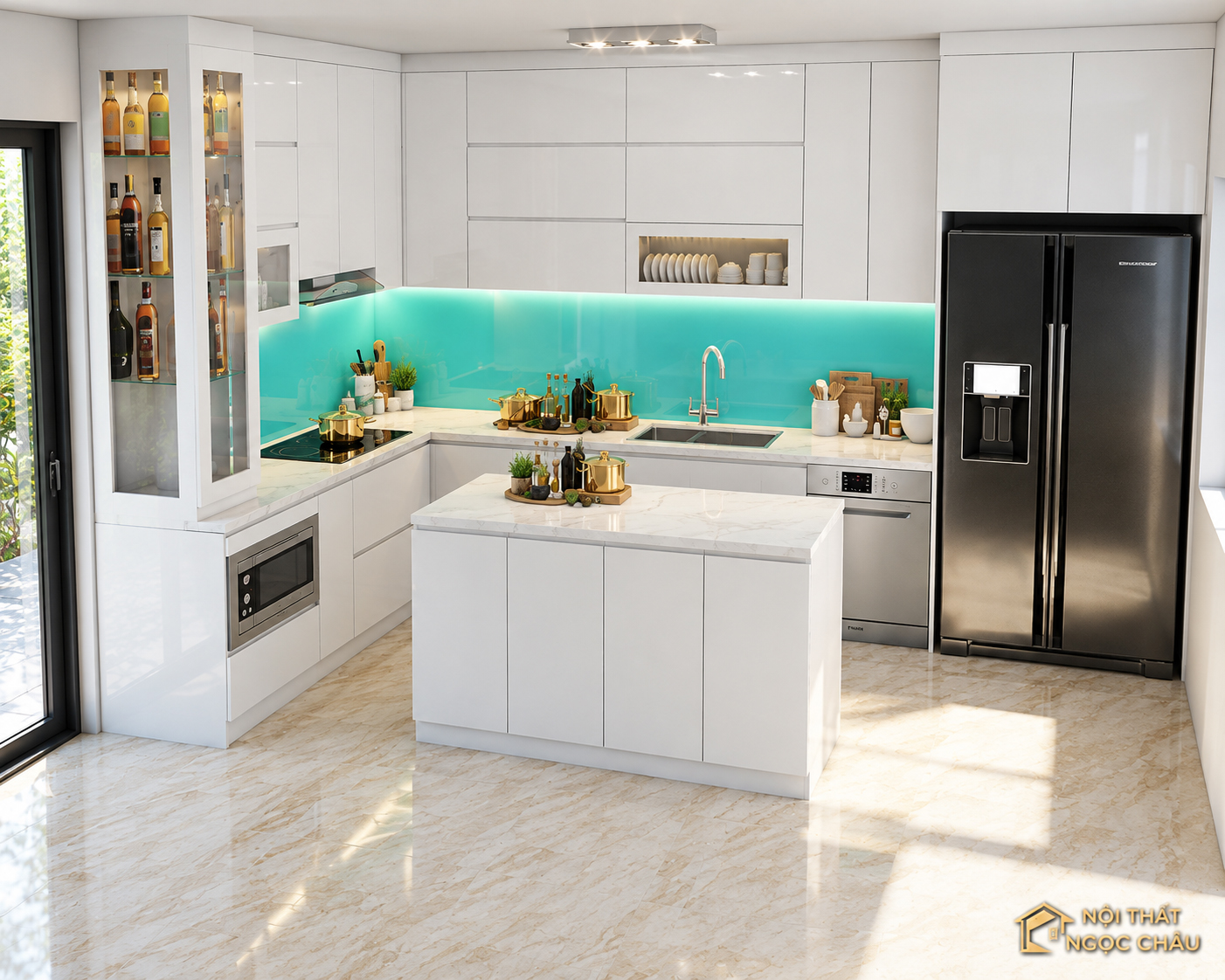Tủ bếp thùng inox 304 kết hợp cánh nhựa Acrylic trắng