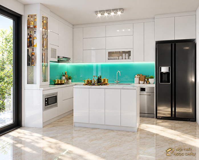 Tủ bếp thùng inox 304 kết hợp cánh nhựa Acrylic trắng