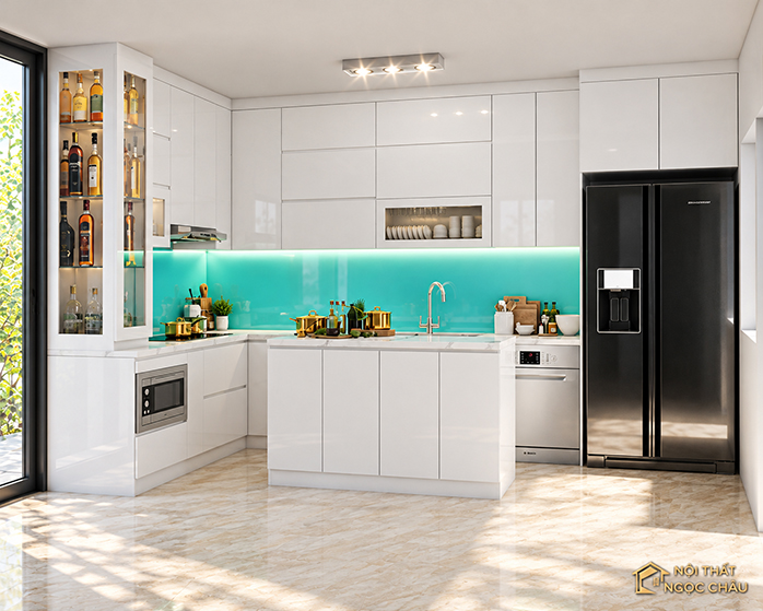 Tủ bếp thùng inox 304 kết hợp cánh nhựa Acrylic trắng