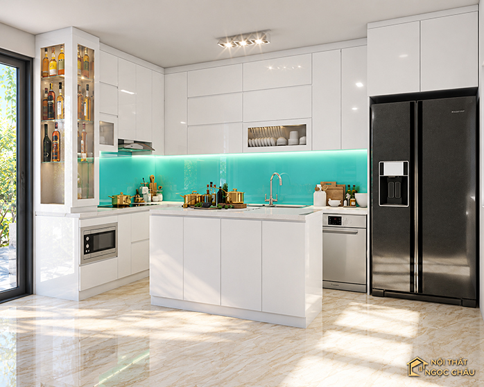 Tủ bếp thùng inox 304 kết hợp cánh nhựa Acrylic trắng