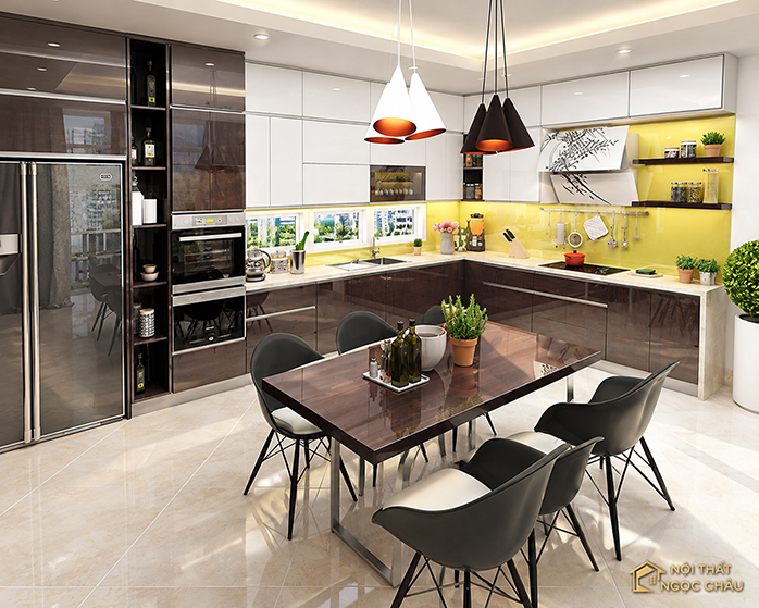 Tủ bếp nhựa Acrylic chữ L kịch trần nhà anh Hàm tại Nguyễn Trãi