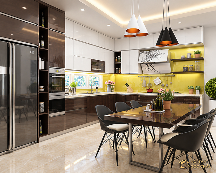 Tủ bếp nhựa Acrylic chữ L kịch trần nhà anh Hàm tại Nguyễn Trãi