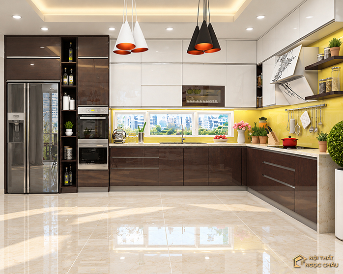 Tủ bếp nhựa Acrylic chữ L kịch trần nhà anh Hàm tại Nguyễn Trãi