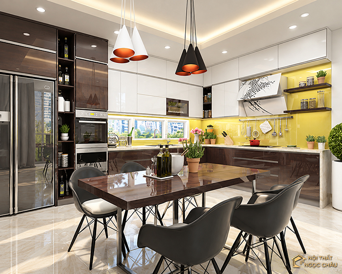 Tủ bếp nhựa Acrylic chữ L kịch trần nhà anh Hàm tại Nguyễn Trãi