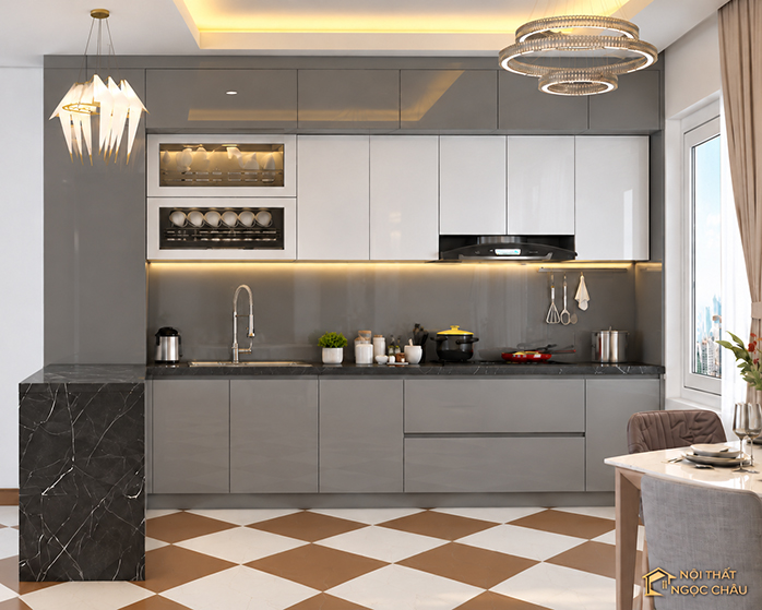 Tủ bếp nhựa Acrylic nhà anh Thịnh – Hiện đại, tiện nghi với quầy bar