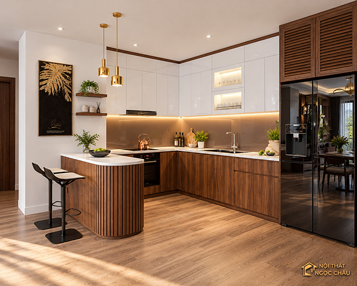 Mẫu tủ bếp nhựa acrylic kết hợp Plywood Phủ melamin