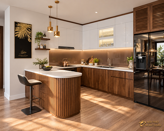 Mẫu tủ bếp nhựa acrylic kết hợp Plywood Phủ melamin