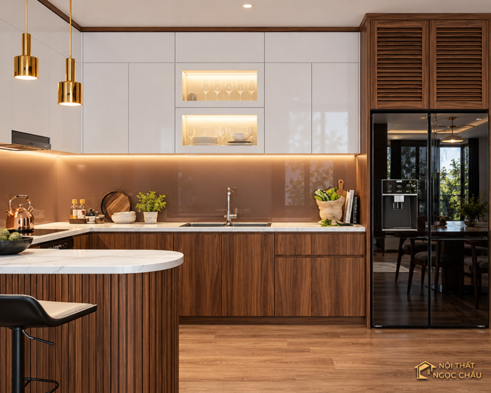 Mẫu tủ bếp nhựa acrylic kết hợp Plywood Phủ melamin