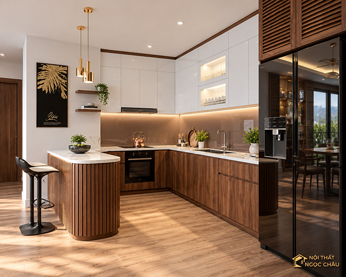 Mẫu tủ bếp nhựa acrylic kết hợp Plywood Phủ melamin