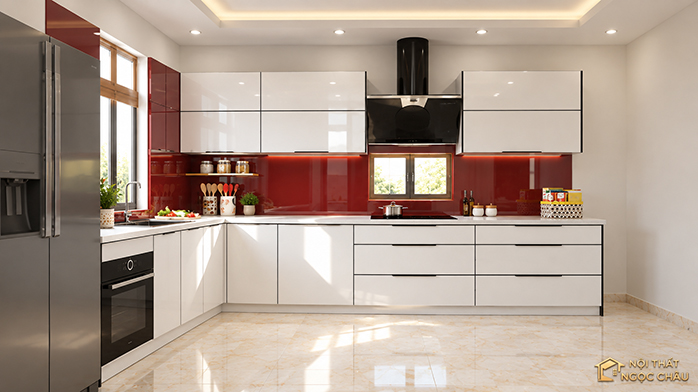 Tủ bếp inox cánh kính nhà em Hiếu tại Ngọc Thụy, Long Biên