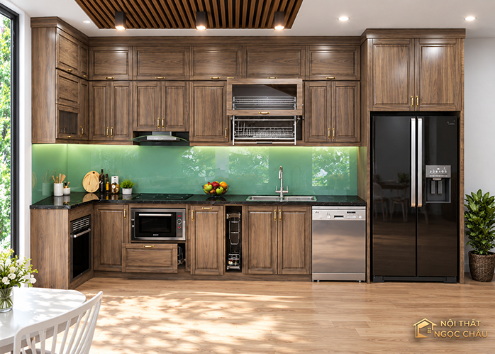 Tủ bếp gỗ Óc Chó kết hợp khung inox 304