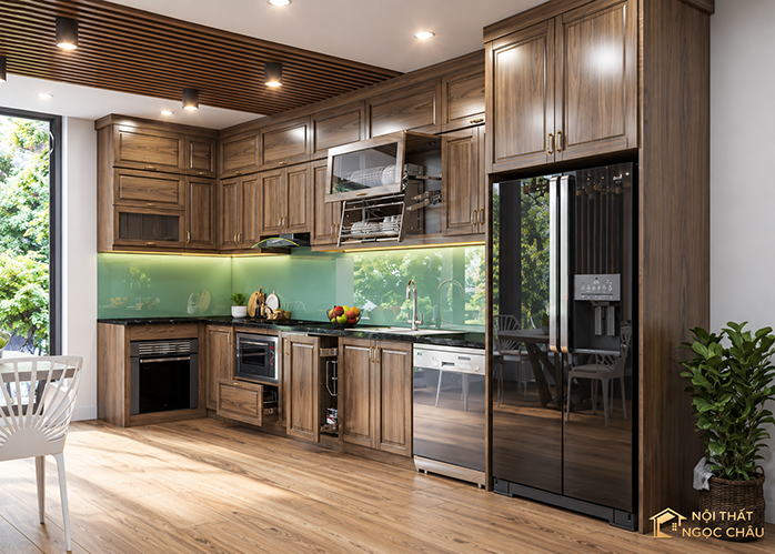 Tủ bếp gỗ Óc Chó kết hợp khung inox 304