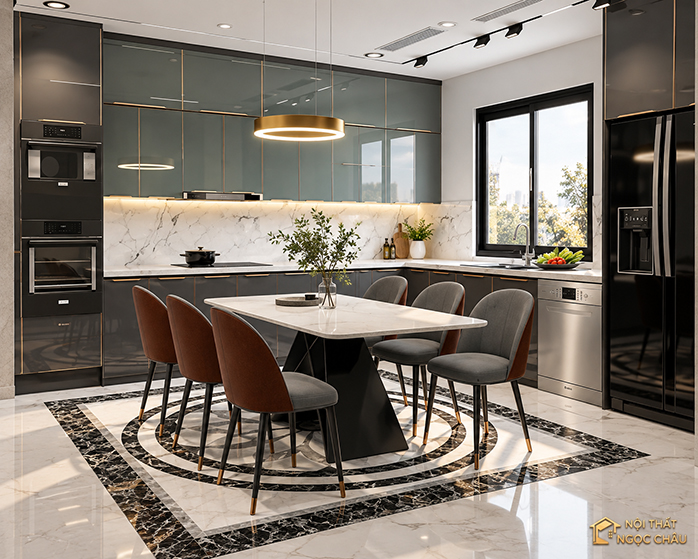 Tủ bếp inox cánh kính kết hợp phụ kiện Blum