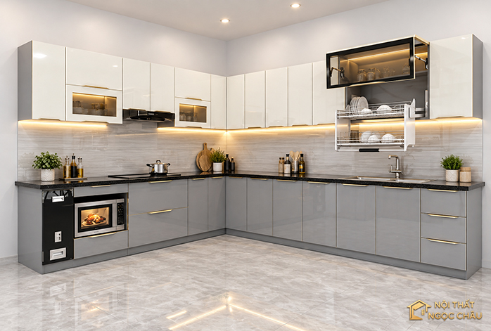 Tủ bếp inox 304 cánh kính chư L