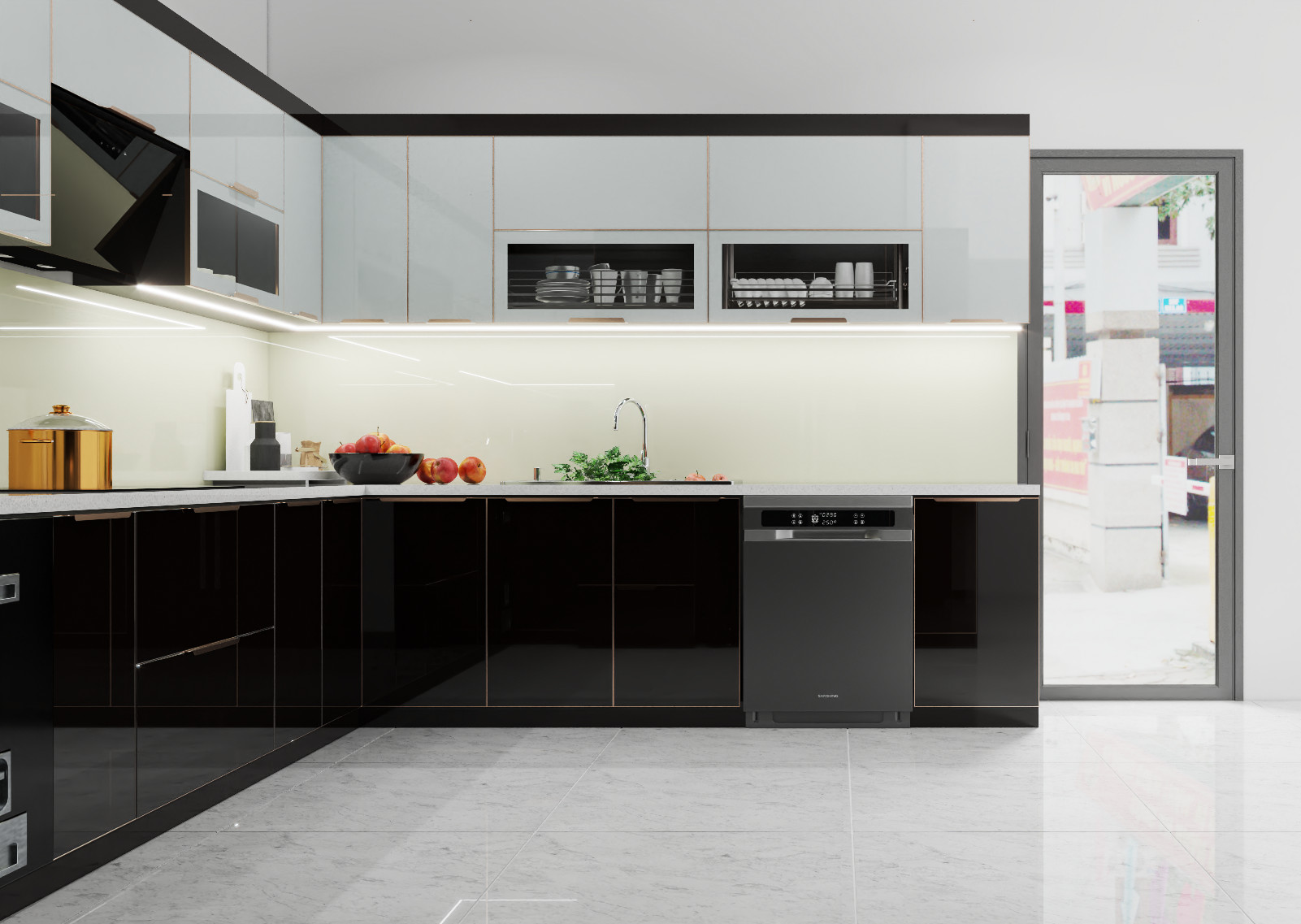 Tủ bếp inox cánh kính cường lực Em Kiên