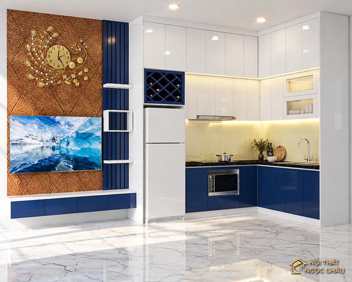 Tủ bếp nhựa Acrylic kết họp vách tivi Anh Đào - Thanh trì