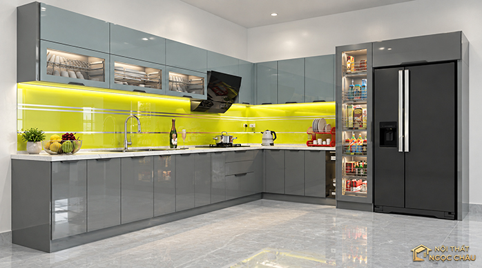 Tủ bếp inox 304 cánh kính chữ L