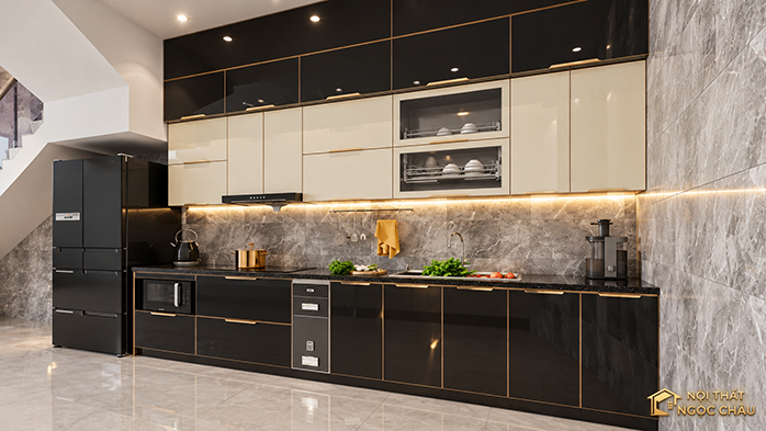 Tủ bếp inox cánh kính nhà chú Nam tại Ngọc Thụy