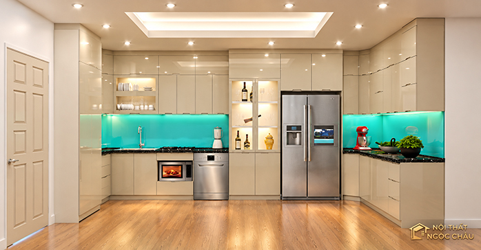 Tủ bếp inox cánh kính màu kem- Anh Đào
